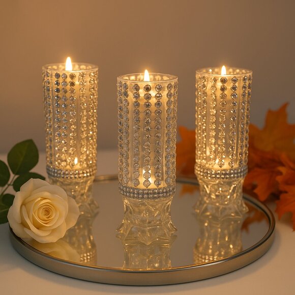 Set of 3 Handmade Silver Rhinestone Candle Holders – Elegant Sparkling Centerpie - Picture 1 of 2